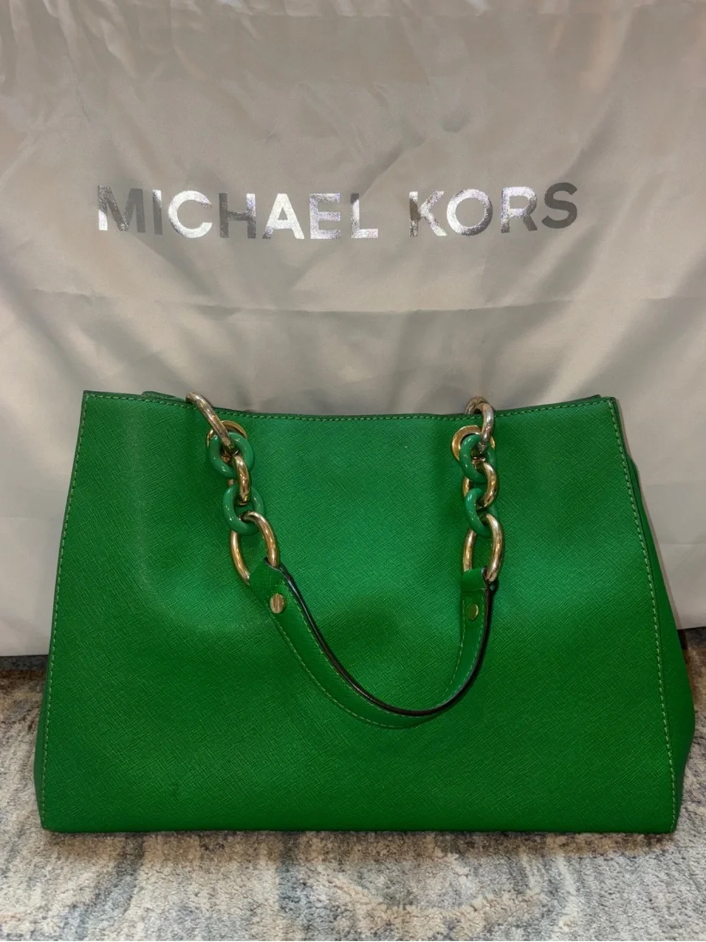 Michael Kors Green Saffiano Leather Tote with Gold Chain Accents